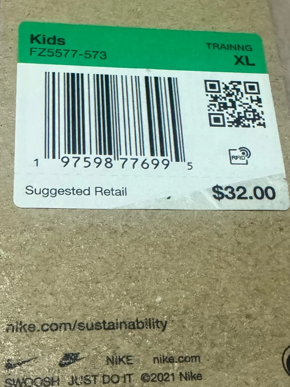 Nike Green and White Retail Price Tag